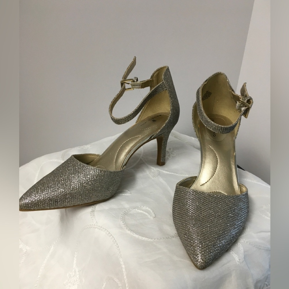 Bandolier Women’s Glitter Pointed Toe Ankle Strap Heels - Gold